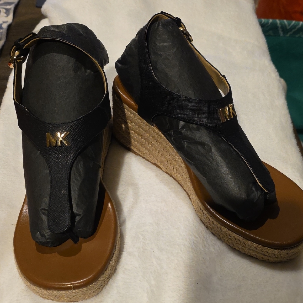 Michael Kors Black and Brown Wedge Sandals, Size 8, Never Worn!
